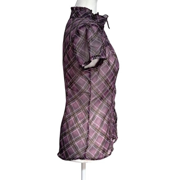 Fairy Grunge Whimsigoth Purple Plaid Sheer Short Sleeve Blouse With Tie Neck 8 - Picture 10 of 10